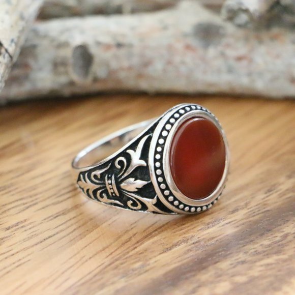 925 Sterling Silver Men's Ring Natural Red Agate - Picture 6 of 9